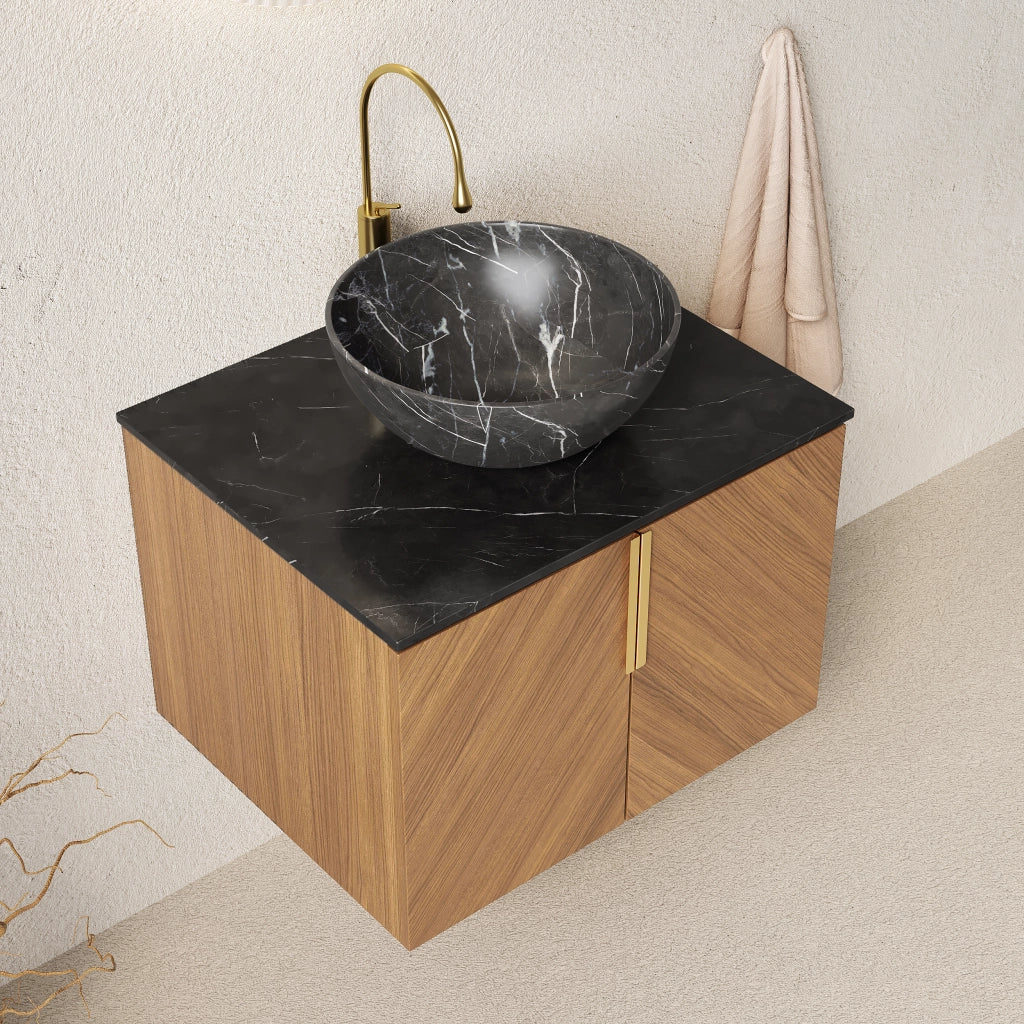 Mobile sottolavabo da bagno con lavabo in ceramica nero, 2 ante e piano in pietra sinterizzata, per bagno