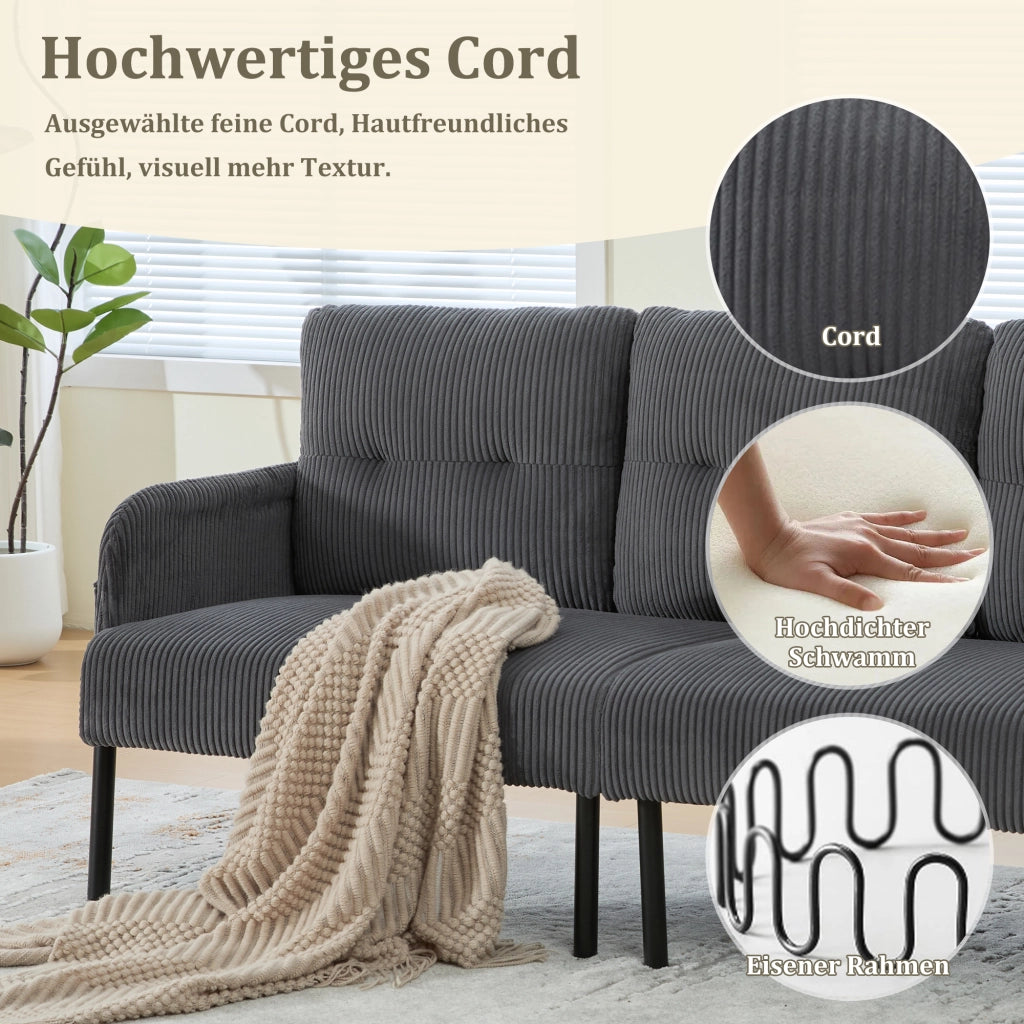 DIVANO 3 POSTI in corduroy grigio con tasche laterali