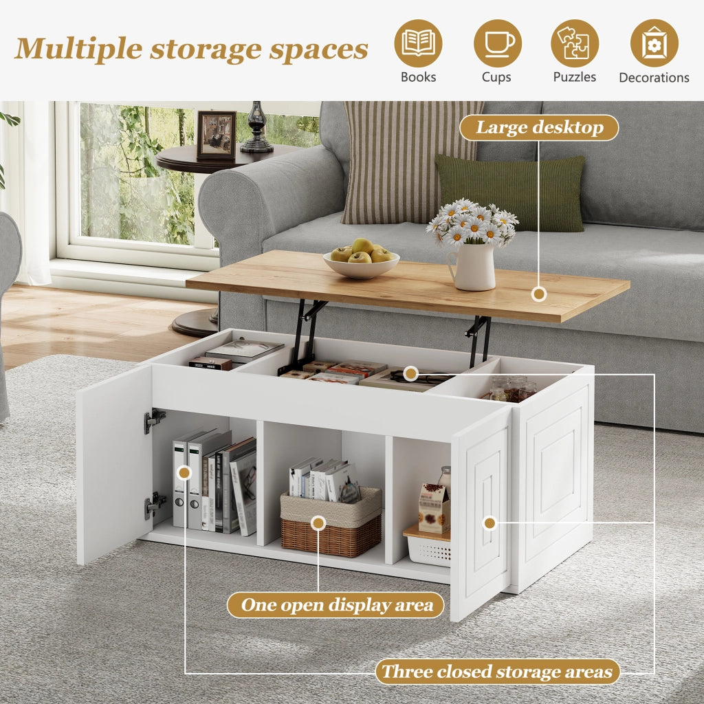 Tavolino da salotto con piano regolabile in altezza, tavolino a due ante, finitura effetto legno, bianco e color legno naturale