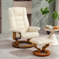 Poltrona Relax Reclinabile con Poggiapiedi, Girevole, Telaio in Legno, Rivestimento Sintetico Crema