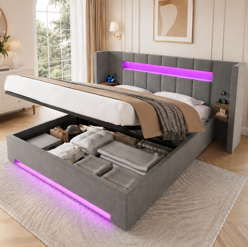 Letto 160x200 cm con contenitore; LED e USB in velluto grigio scuro