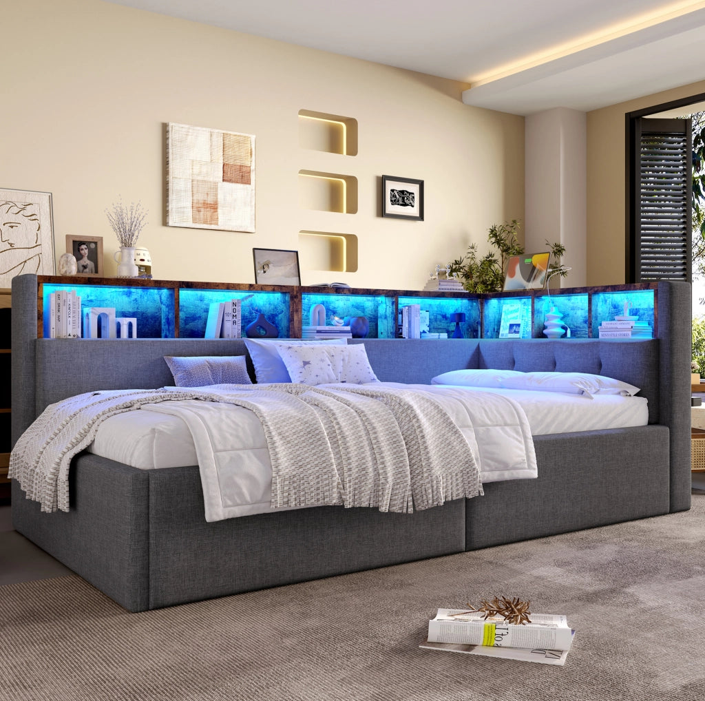 Divano letto singolo 90x200 cm con stoccaggio idraulico, illuminazione LED multicolore e porte USB-C e USB