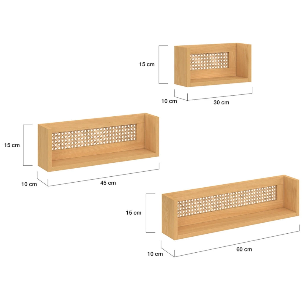 IDMarket - Set di 3 mensole da parete EDHEN in legno e canna 60/45/30 cm