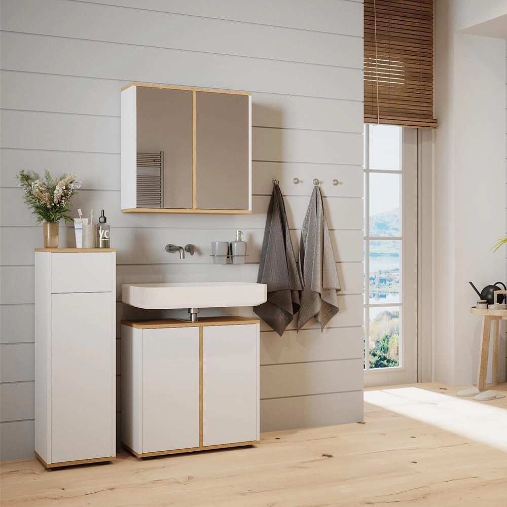 Mobiletto midi Didi, Bianco/Artisan, 30 x 97 cm con cassetto, per la conservazione di articoli da bagno e prodotti per la cura personale