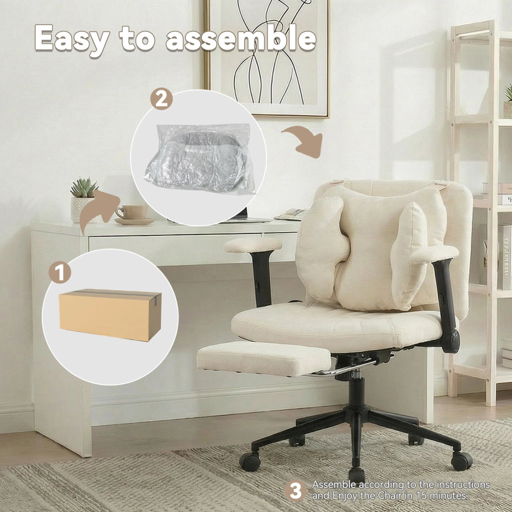 Sedia da ufficio girevole con altezza regolabile, braccioli e rotelle in tessuto beige per casa, portata 150 kg