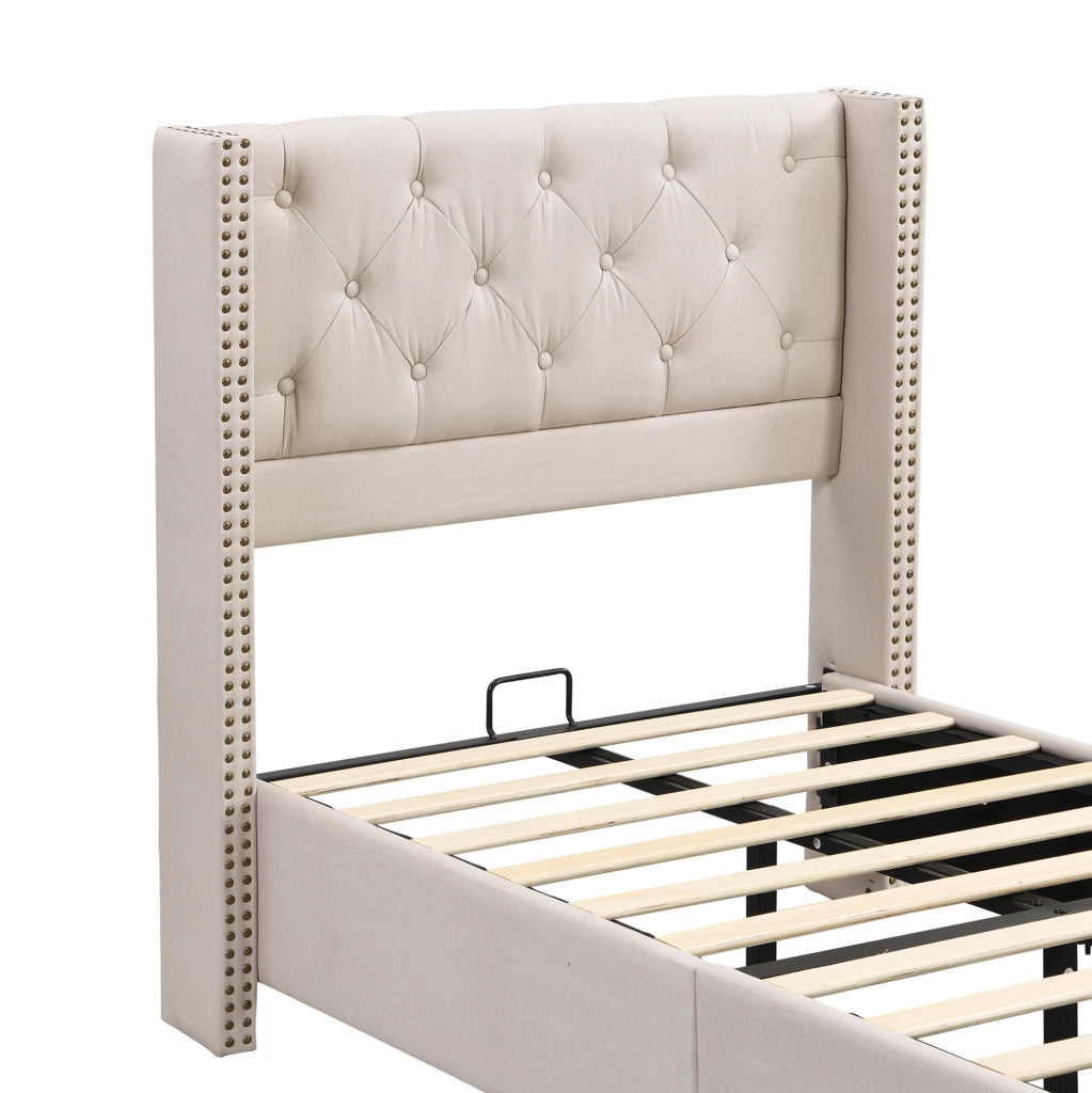 Letto imbottito 90x200 cm in lino beige con testiera capitonné e dettagli con borchie