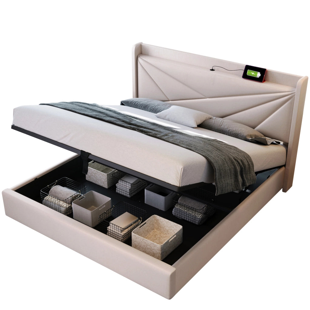 OKWISH Letto Contenitore 160×200 cm, Letto Matrimoniale con USB, Tipo C e Testiera Geometrica, senza Materasso, in Lino Cotone, Beige