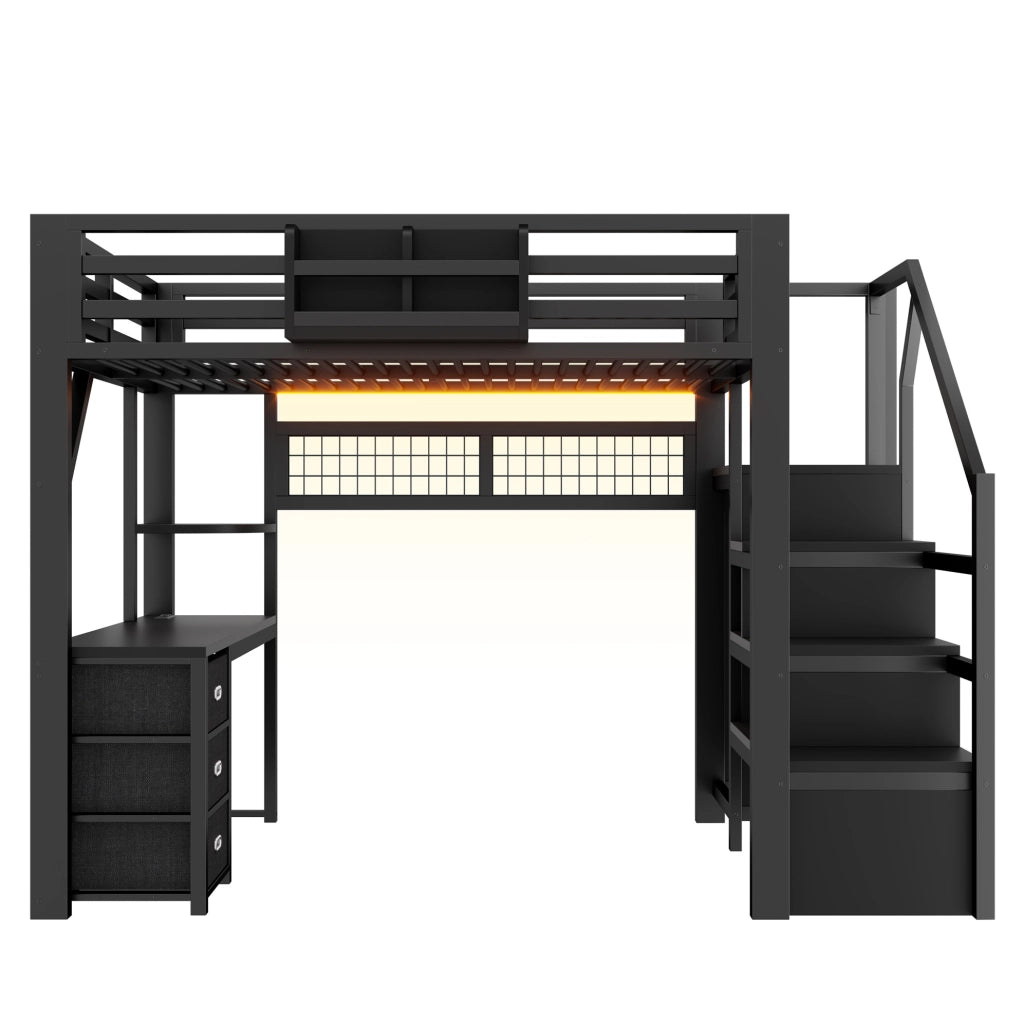 Letto a soppalco ULEVR 140x200 cm con scrivania, armadio, 3 cassetti e LED Bluetooth, nero