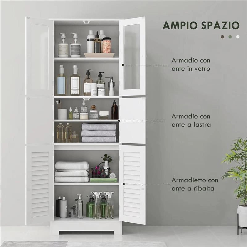 MOBILE COLONNA BAGNO CON 3 ARMADIETTI E ANTE IN VETRO E A PERSIANA 60X30X170.5 CM BIANCO