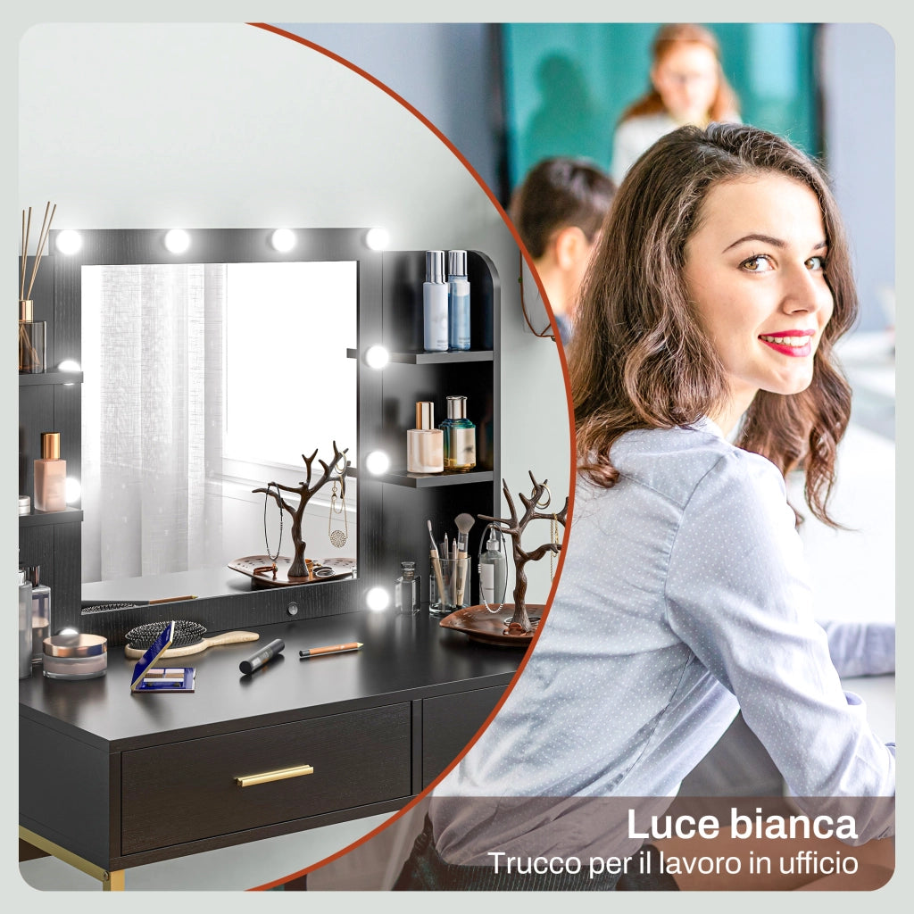Postazione Trucco con Specchio 10 Lampadine e Sgabello ¨C Zephmum ¨C Nero