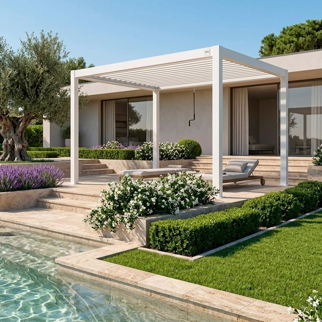 Pergola Bioclimatica 3x4 Metri Gazebo Con Tetto A Lamelle Orientabili Sistema Di Drenaggio Struttura In Acciaio E Alluminio Resistente Ai Raggi UV Per Giardino Terrazza E Piscina Bianco Opaco