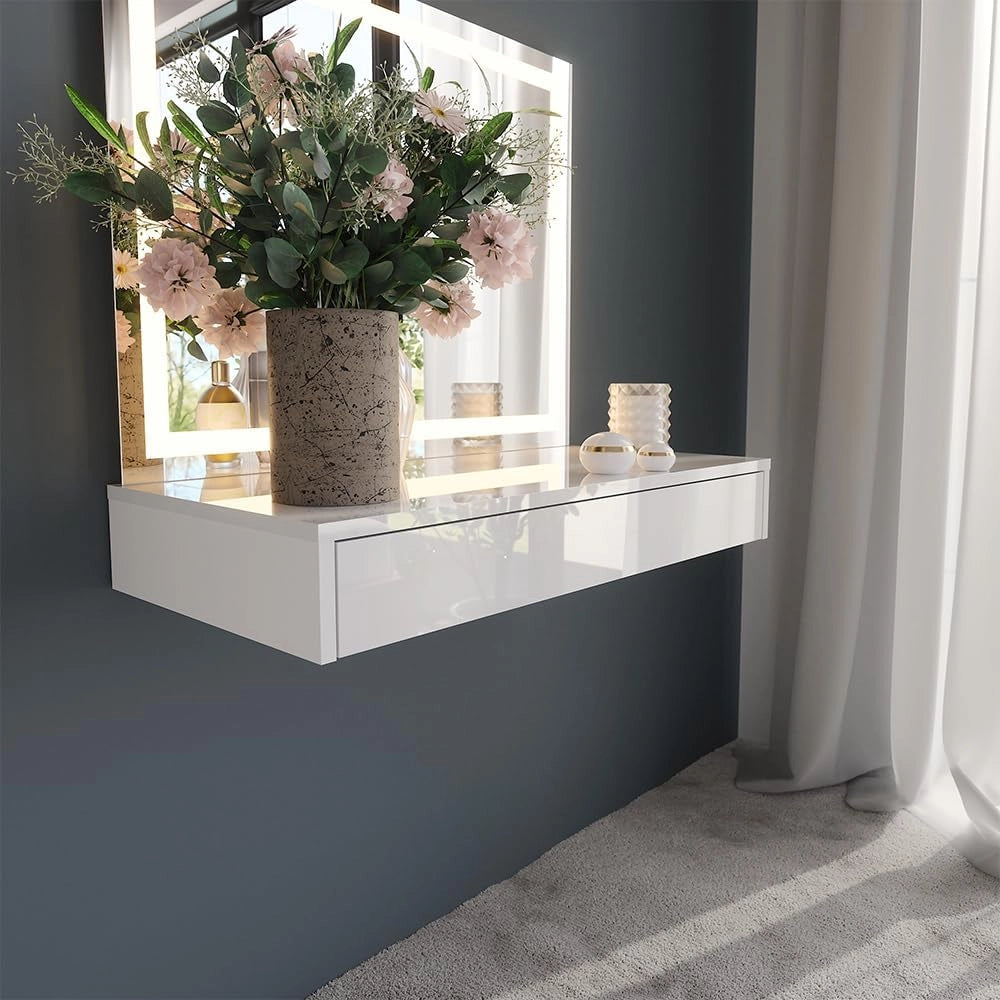 Tavolo da toeletta Sherry, Bianco/bianco lucido, 80 cm 2 parti