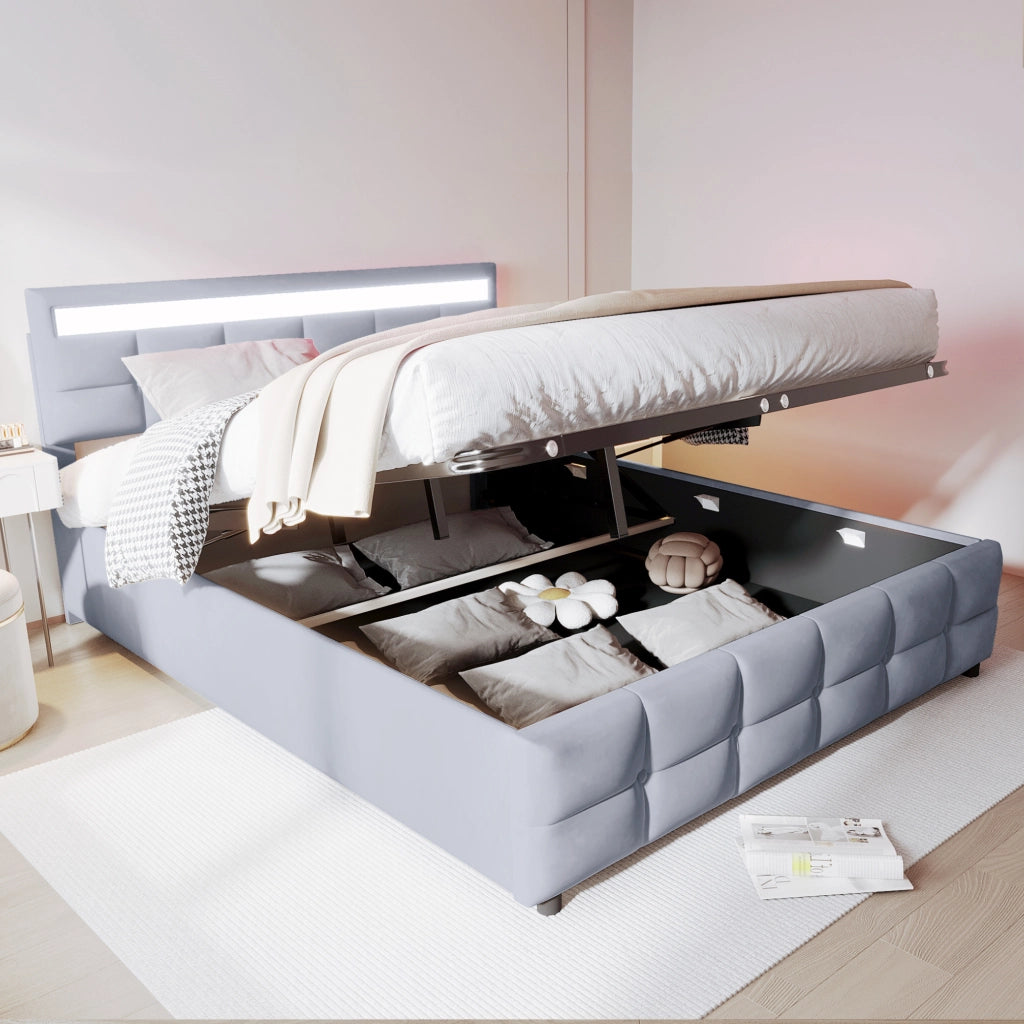 Letto Contenitore 180x200 cm; Sollevamento Idraulico; LED - in Velluto Grigio