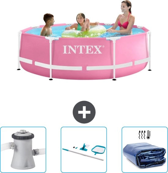 Piscina a forma di cerchio - 244 x 76 cm - Rosa - Inclusa pompa di filtraggio per piscine - Kit di pulizia - Ombrello solare