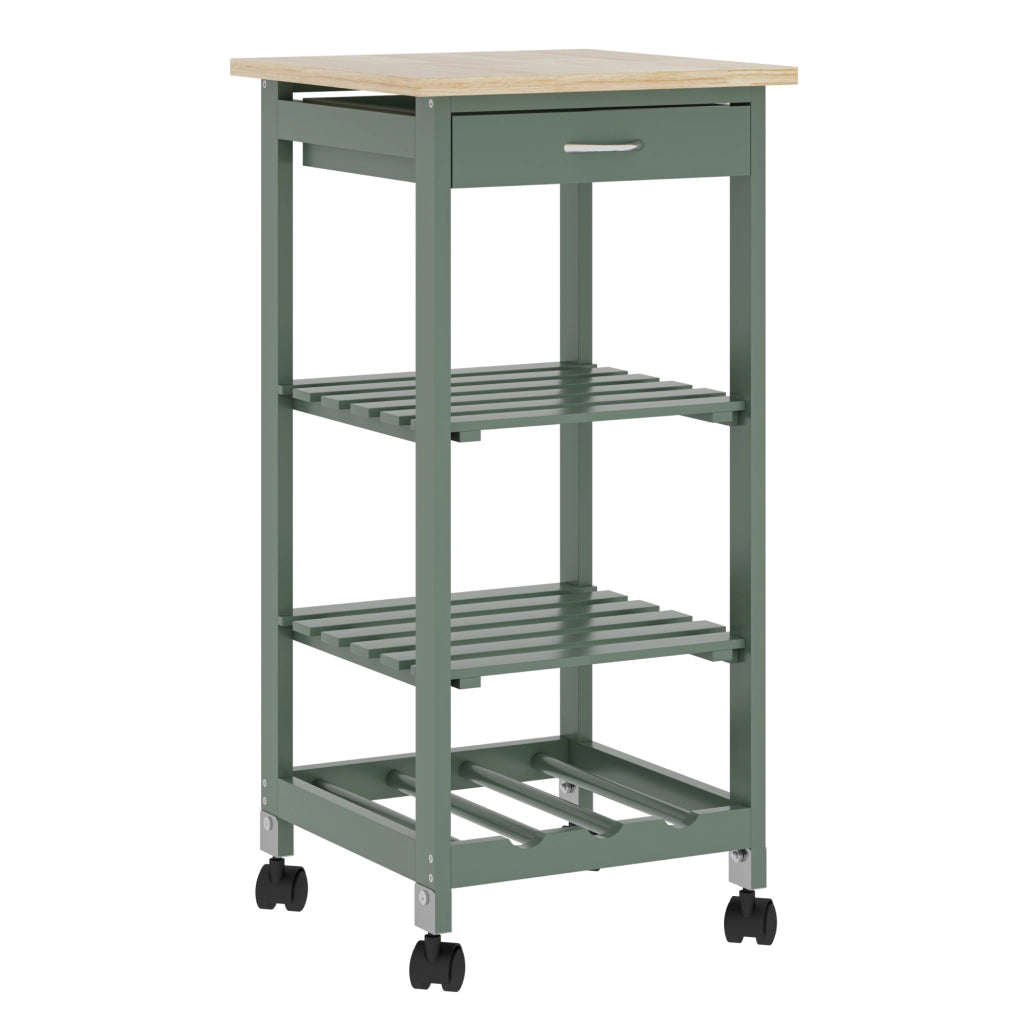 Carrello Portaoggetti Biel con Cassetto 3 Ripiani e Griglia Portabottiglie 76x37x37 cm - Verde / Effetto Legno [en.casa]