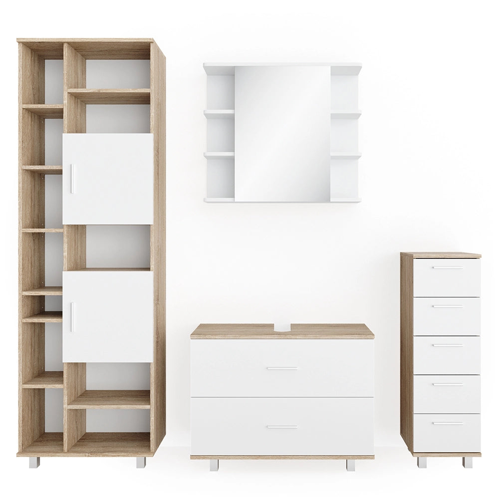 Vicco Set mobili bagno Bianco/Sonoma 4 parti, con armadio alto