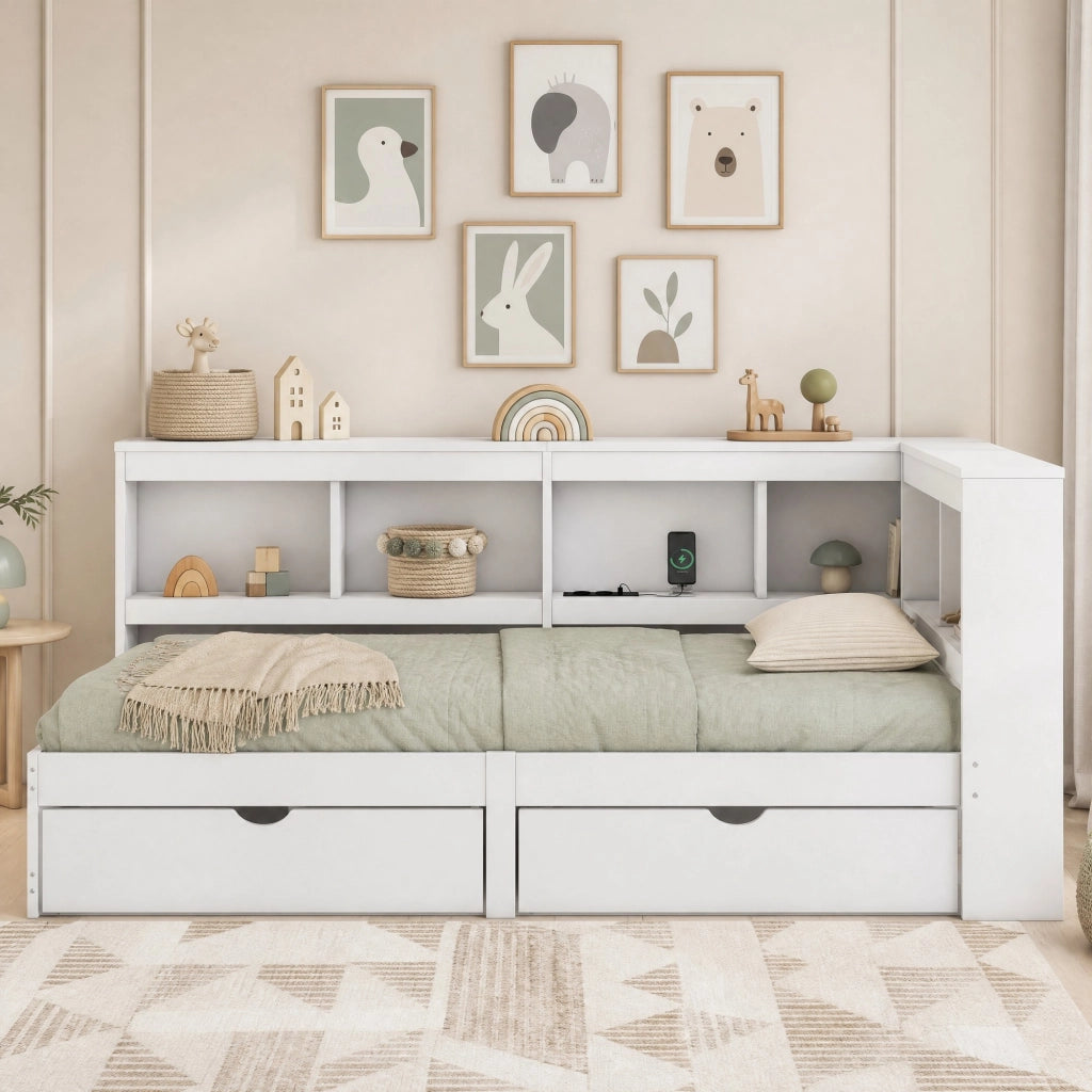 LETTO 90x200 cm con 2 cassetti, prese e 2 porte USB, Bianco