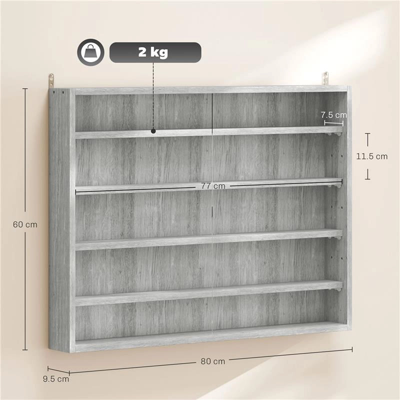 VETRINA PER COLLEZIONISMO A 4 RIPIANI REGOLABILI IN LEGNO CON ANTE IN VETRO, 80X9.5X60 CM, GRIGIO