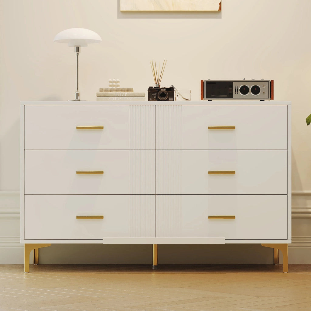 Com¨° moderno bianco con 6 cassetti, struttura in MDF, design rigato, 120 x 40 x 76 cm