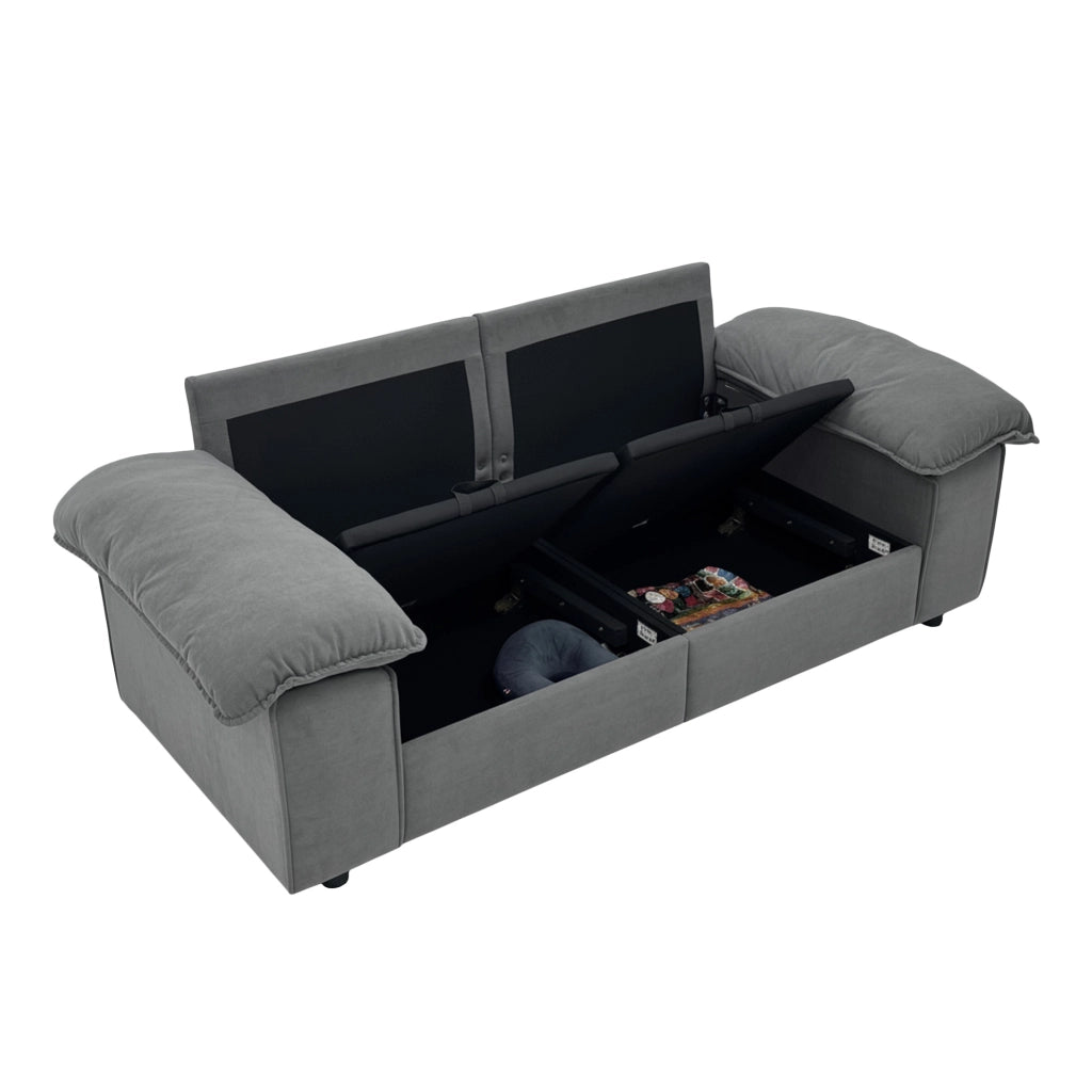 Divano con vano contenitore, seduta ergonomica e braccioli imbottiti, con cuscini schienale in tessuto grigio