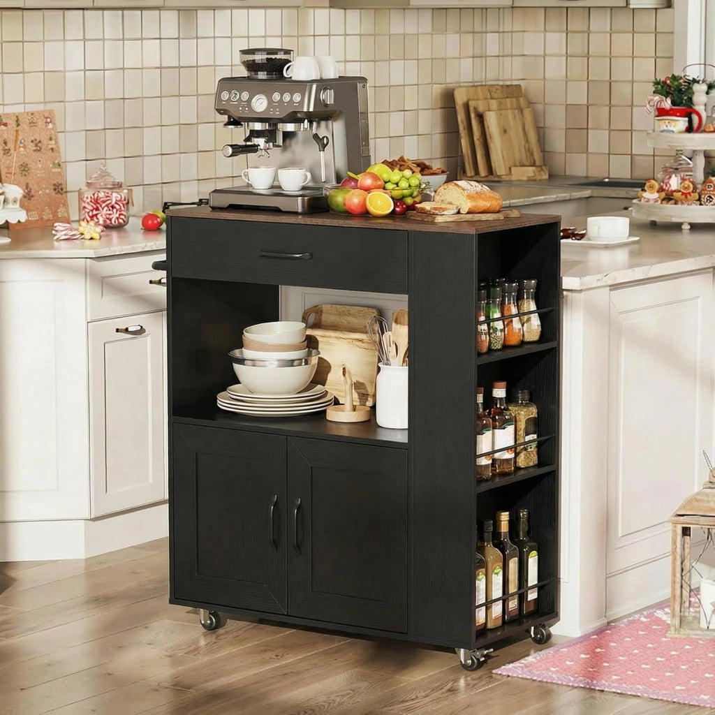 Carrello da cucina su ruote, isola da cucina con stazione di ricarica e piano di lavoro, carrello da portata mobile con cassetto, portaspezie, porta asciugamani, armadio da cucina 75 x 46 x