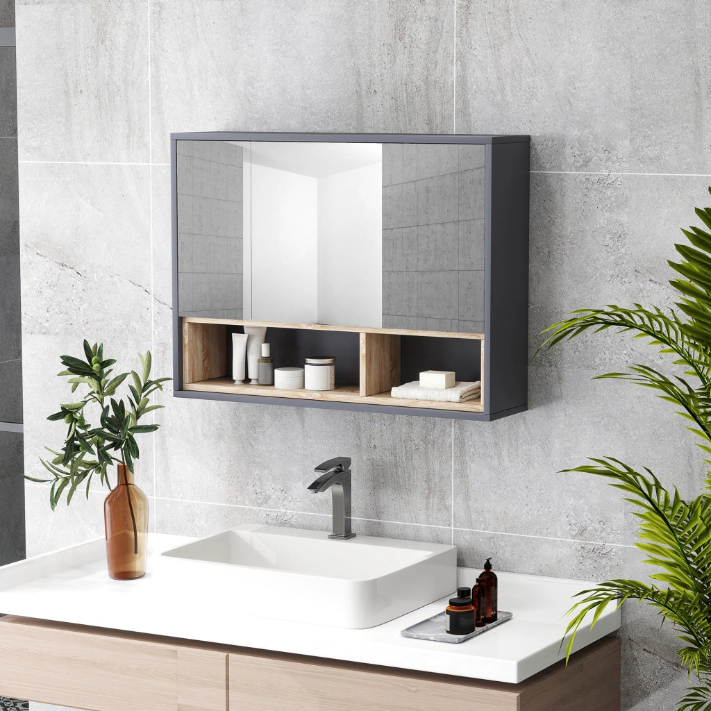 Specchiera Bagno a 3 Ante con Armadietto 8 Vani e Ante Ammortizzate. 80x20x60 cm. Grigio