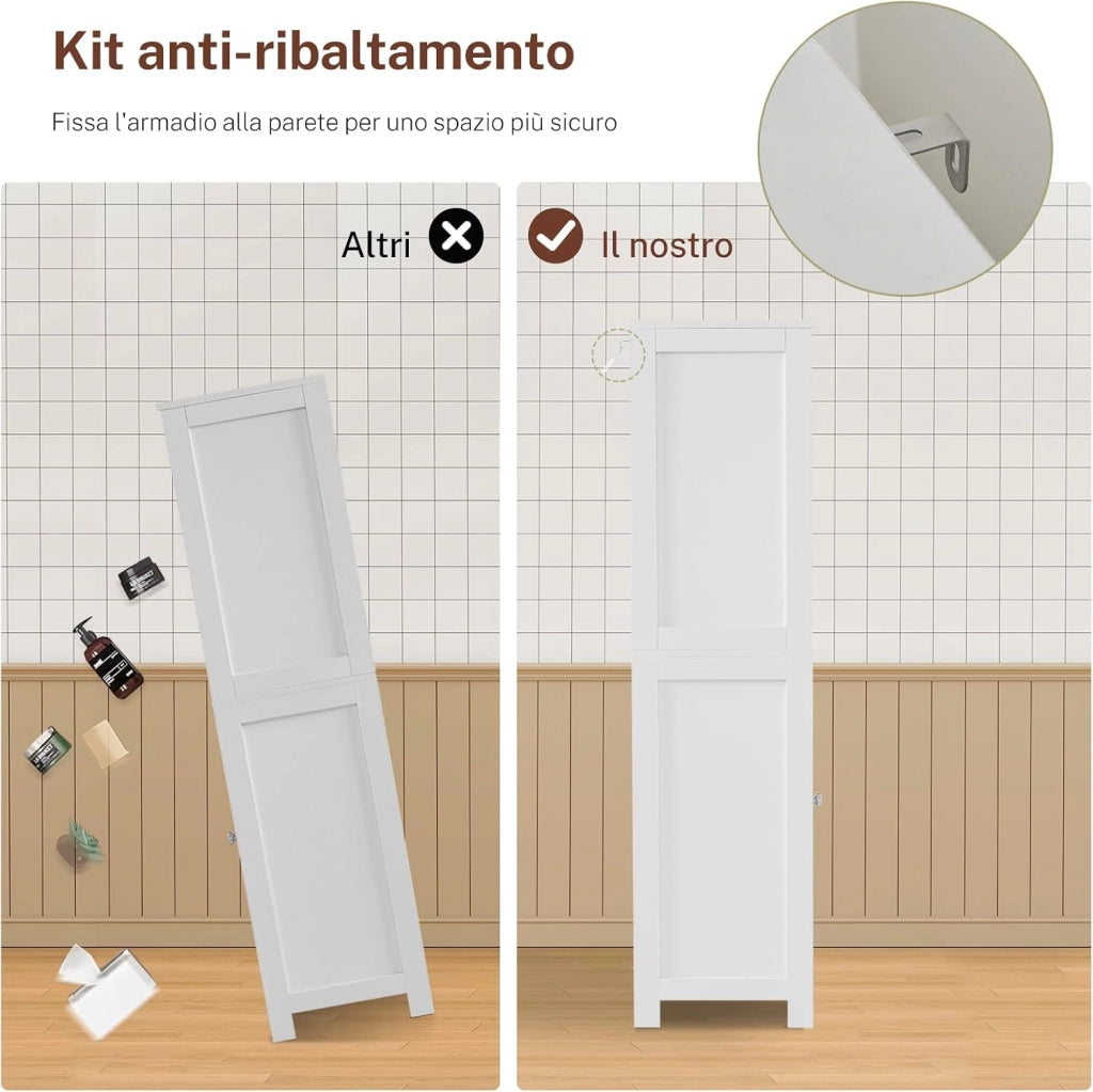 125cm Mobile Bagno, Mobiletto Salvaspazio con 2 Cassetti & Mensola Regolabile, Cassettiera per Bagno, Soggiorno, Ingresso, 60x30x125 cm, Bianco