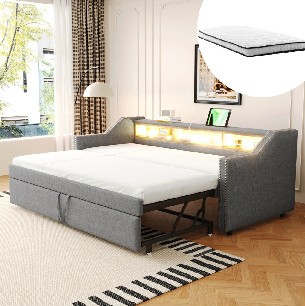 Divano letto imbottito estraibile 90/180 x 190 cm con LED; USB e 2 materassi; grigio chiaro