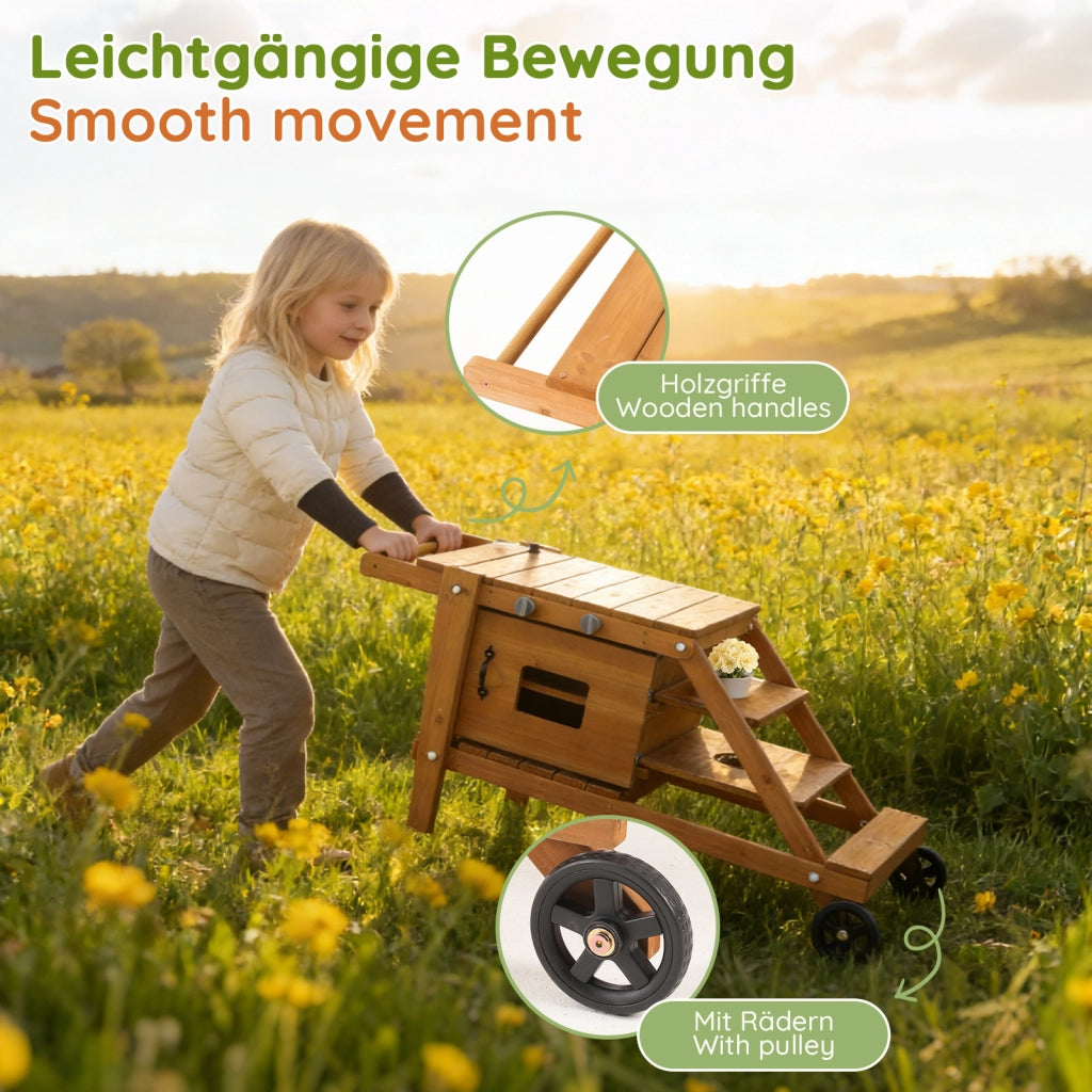 Cucina da gioco da esterno in legno naturale con ruote, forno magnetico e accessori per bambini da 3 anni