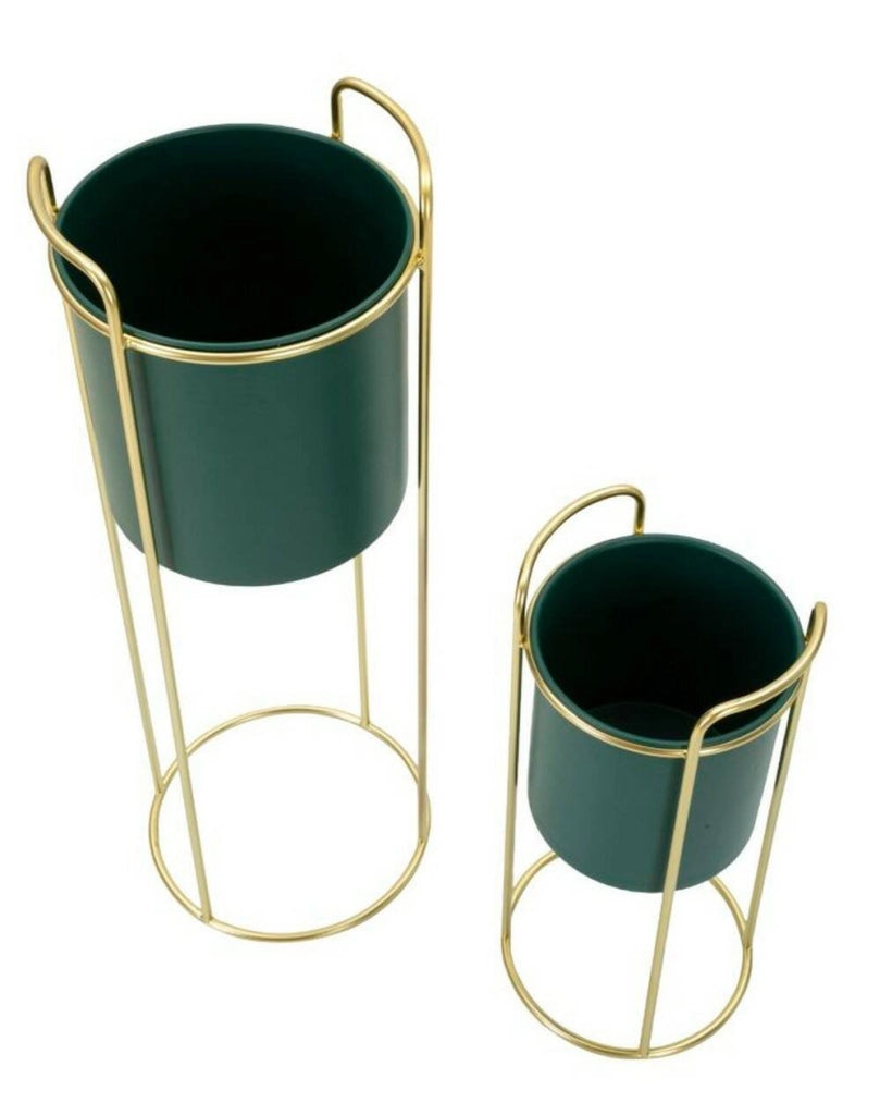 Set di 2 portavasi Rangone, Complemento d'arredo, Articolo decorativo, Accessorio d'arredo, 24x24 h70 cm, Verde e Oro