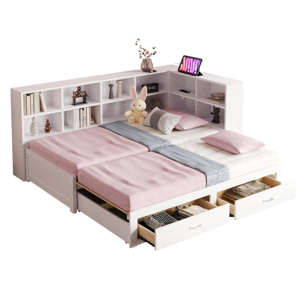 Letto singolo estraibile in legno con contenitore e prese, bianco 90/180x190 cm