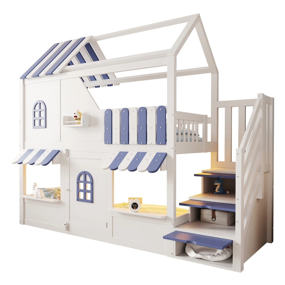 Letto a Castello Bambini Casetta con LED e Scaffale ¨C Xylo ¨C Bianco e Blu 90x200