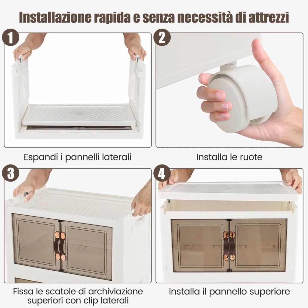 Set di Contenitori in PP, Contenitori Plastica con Coperchio, Scatola Portaoggetti Pieghevoli con Ruote, per Soggiorno, Camera da Letto, Cucina (L-Set di 4)