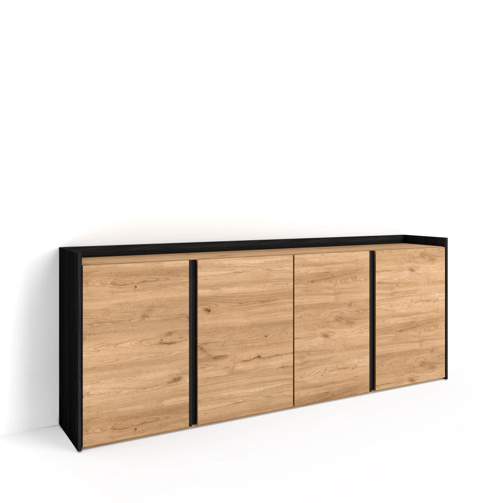 Credenza, Mobile, Cucina, 207x80x35 cm, 4 Porte, grande stoccaggio, Rovere e nero