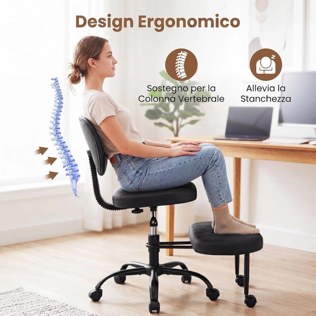 Sedia Ergonomica Posturale con Poggiapiedi, Altezza Regolabile | Poltrona Imbottita con Ruote e Schienale Ergonomico, per Lavoro Ufficio Studio, Portata 115 kg