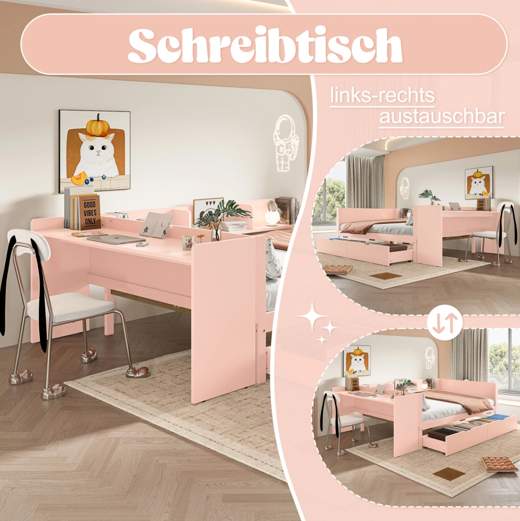 Letto matrimoniale con scrivania, cassetti e ripiani, 140x200 cm, rosa