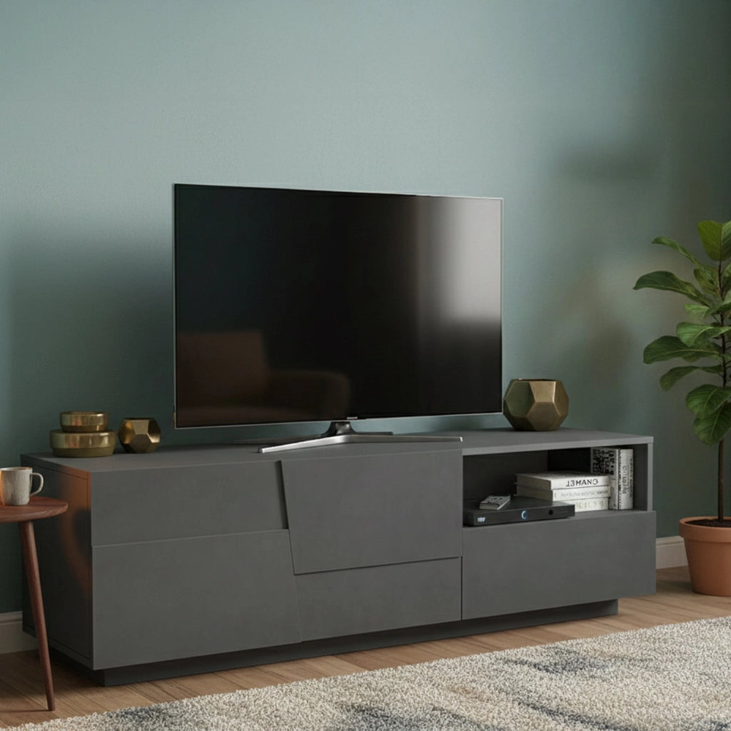 Mobile porta TV Cecia, Credenza bassa da soggiorno con 2 ante e 1 cassetto, Base porta TV, 150x44h46 cm, Antracite