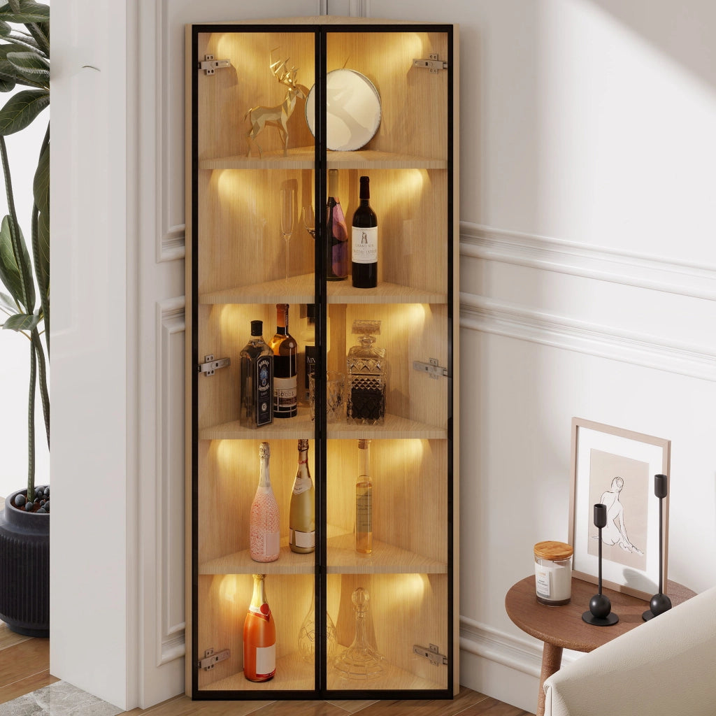 Vetrina Ad Angolo con 1 Anta e LED; Telaio in Alluminio; Stile Moderno; in MDF e Vetro Temperato; Rovere; 62??35??160 cm