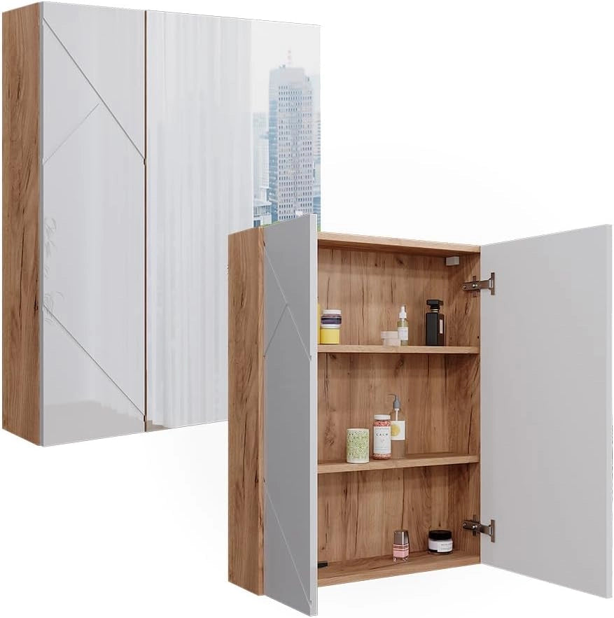Mobile a specchio per il bagno Irma, Rovere Goldkraft/bianco lucido, 60 x 75 cm