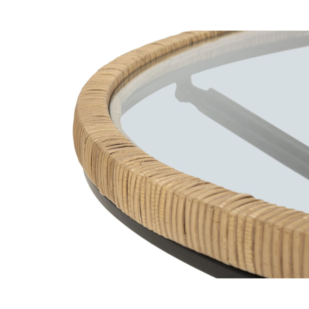 Tavolino da caffè rotondo Saint Barth con piano in vetro, ferro e rattan — Ø 80x46,5 cm