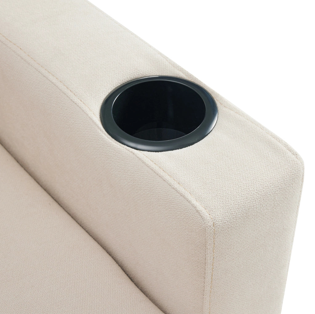 Divano angolare a L con chaise longue; contenitore e portabicchieri; 175x129x90 cm; beige