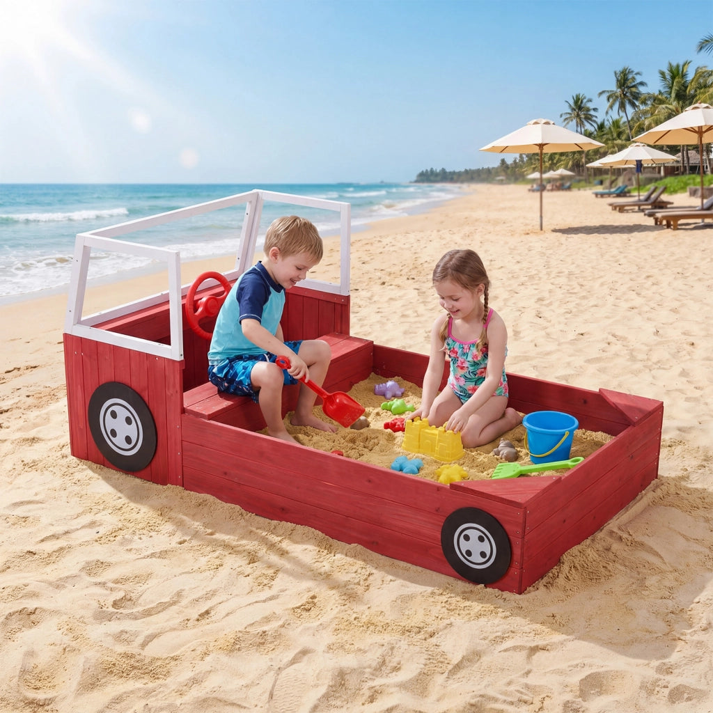 Sabbiera per bambini in legno massello con panca e sedile senza fondo fodera inclusa forma di autopompa, Sabbionaia da esterno Rosso