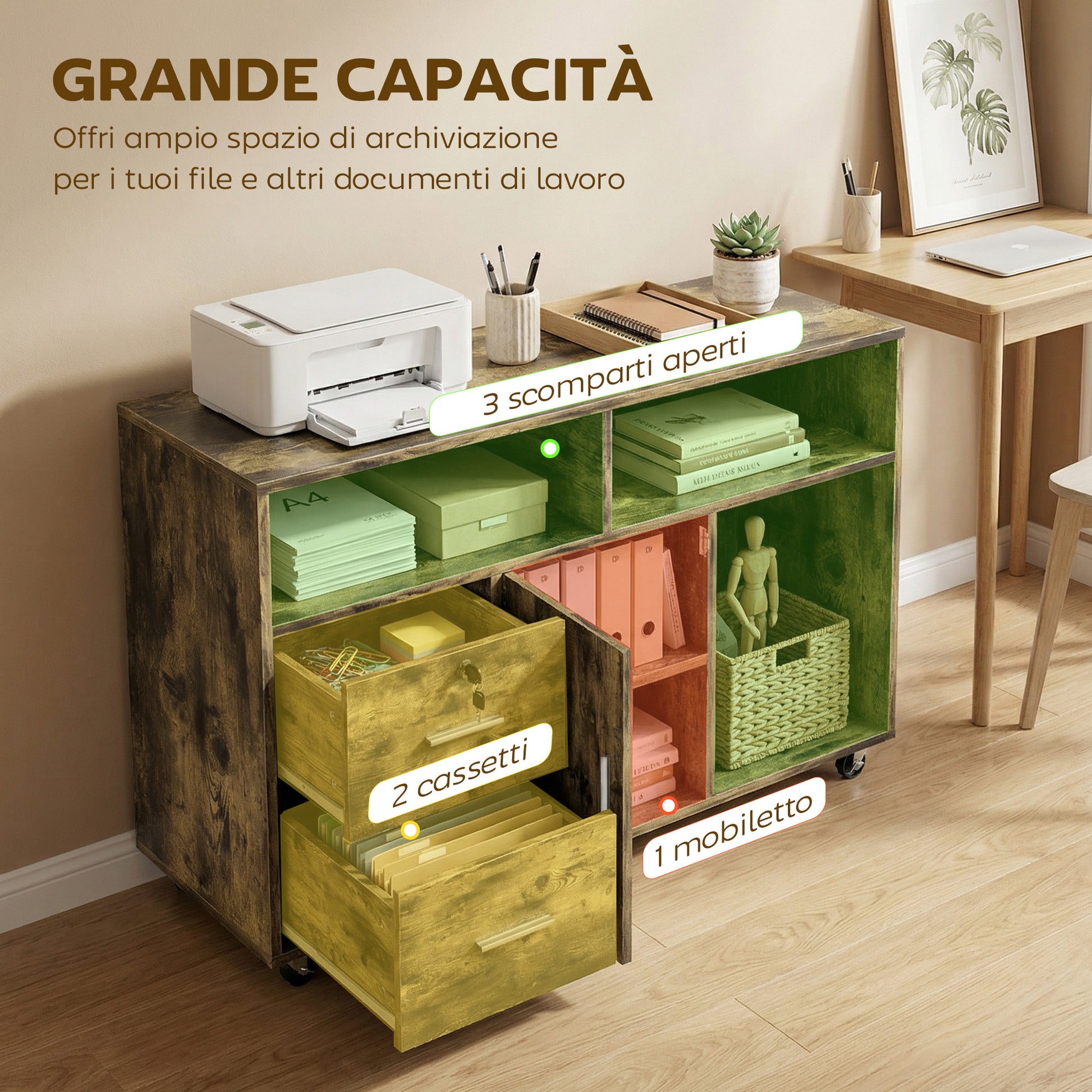 Mobile Porta Stampante 100x35x65 cm a Rotelle con 2 Cassetti 3 Ripiani e 2 Armadietti in Legno Marrone