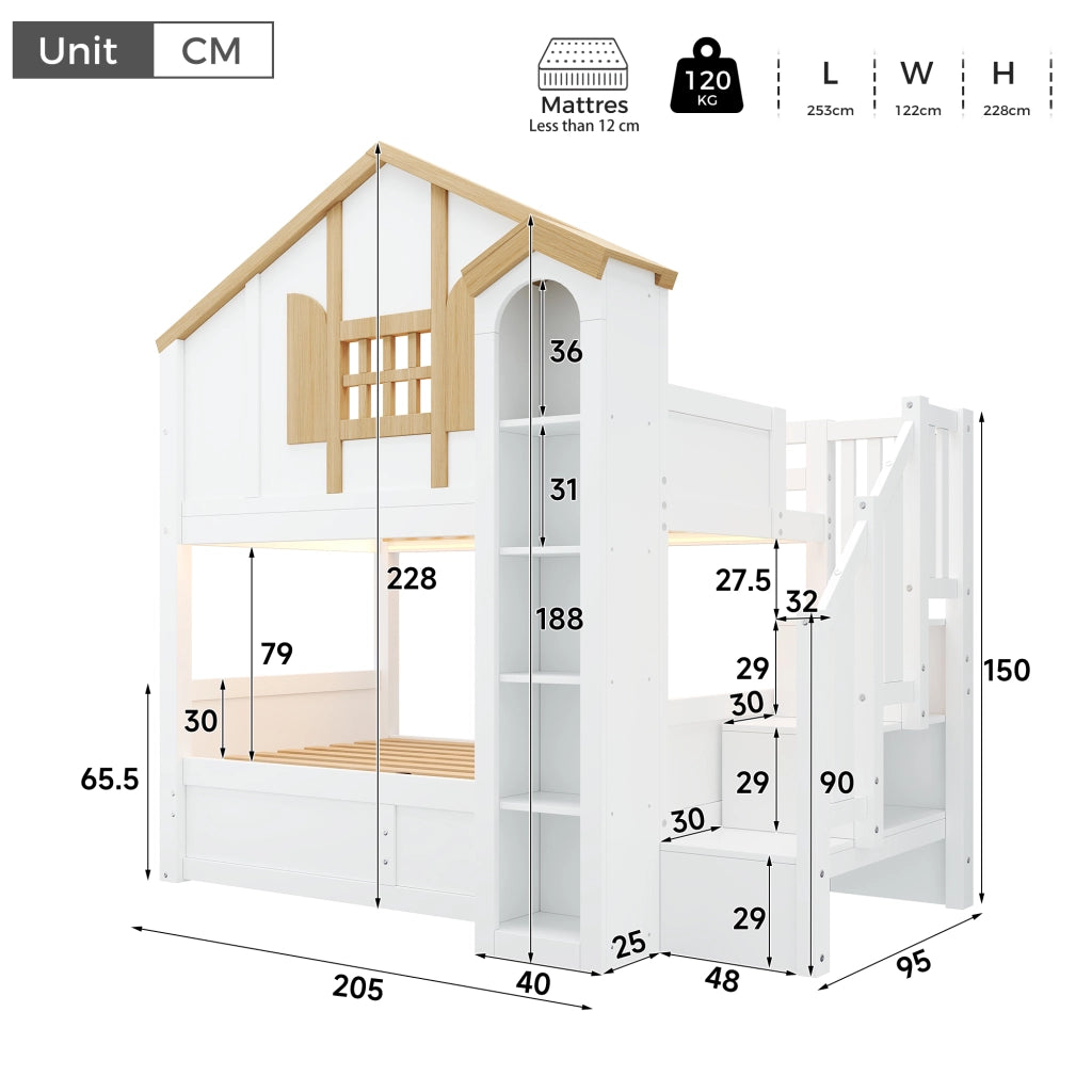Letto a Castello 90x200 cm e 90x200 cm; Contenitore; LED e Scala in Legno Bianco