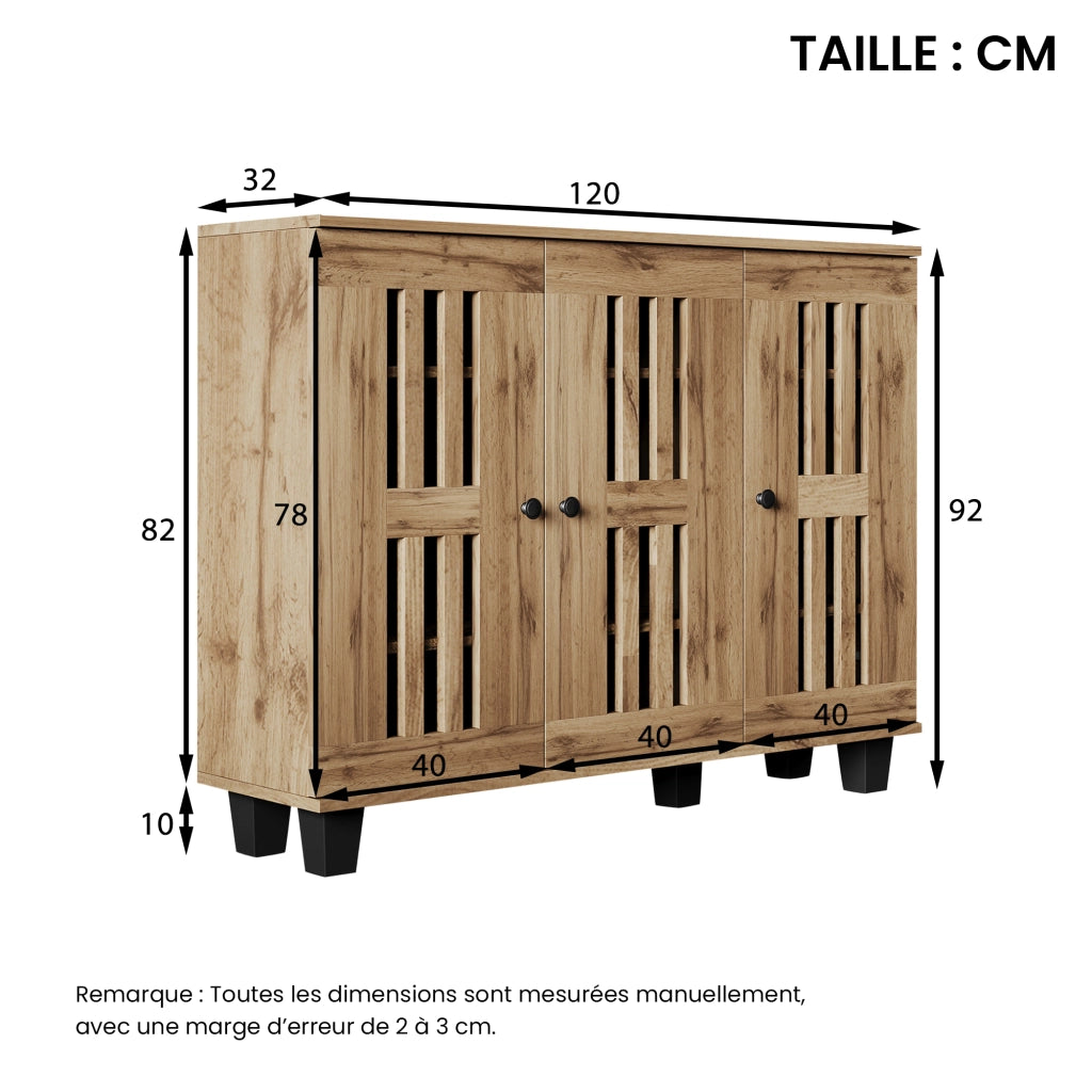 Credenza con 3 Ante e 8 Scomparti per Soggiorno Camera Ufficio Ingresso in Legno 120 × 32 × 92 cm
