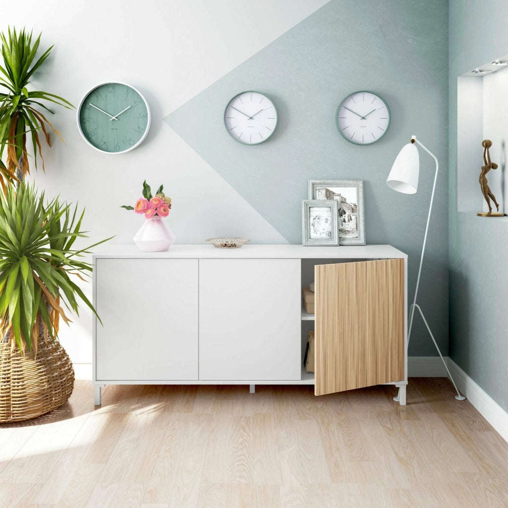 Credenza Ametista, Buffet da soggiorno a 3 ante, Madia moderna da salotto, 154x40h74 cm, Bianco
