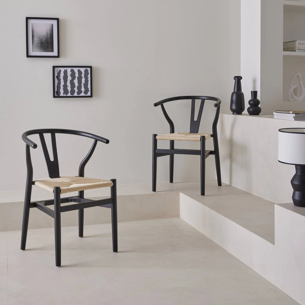Set 2 sede in legno con seduta in corda, nero