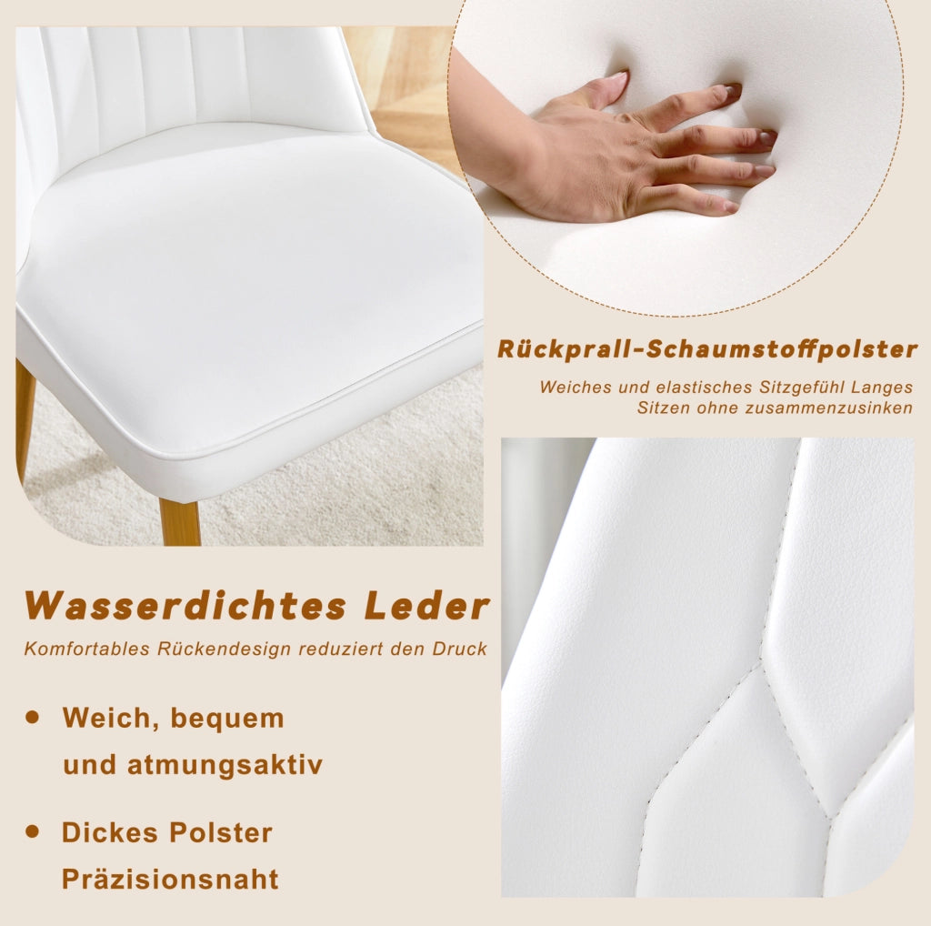 Sedia da pranzo in PU con schienale ergonomico; gambe in metallo; bianco e oro