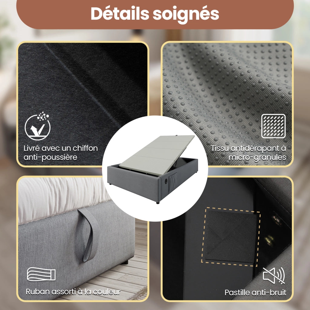 OKWISH Letto contenitore 90×200 cm, Letto Singolo con USB, Type C e Vano Contenitore, senza Materasso, in Lino Cotone, Grigio