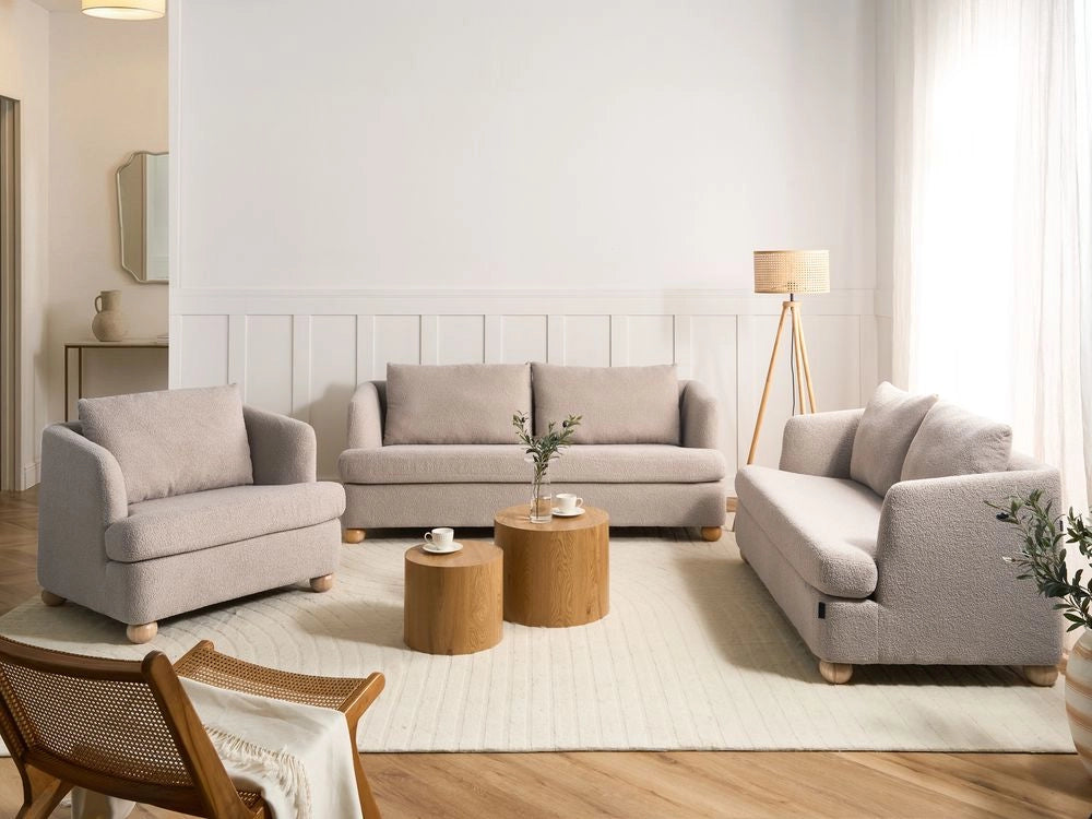 Set da salotto a 6 posti, rivestimento bouclé beige, gambe rotonde in legno con braccioli,set composto da divano e poltrona